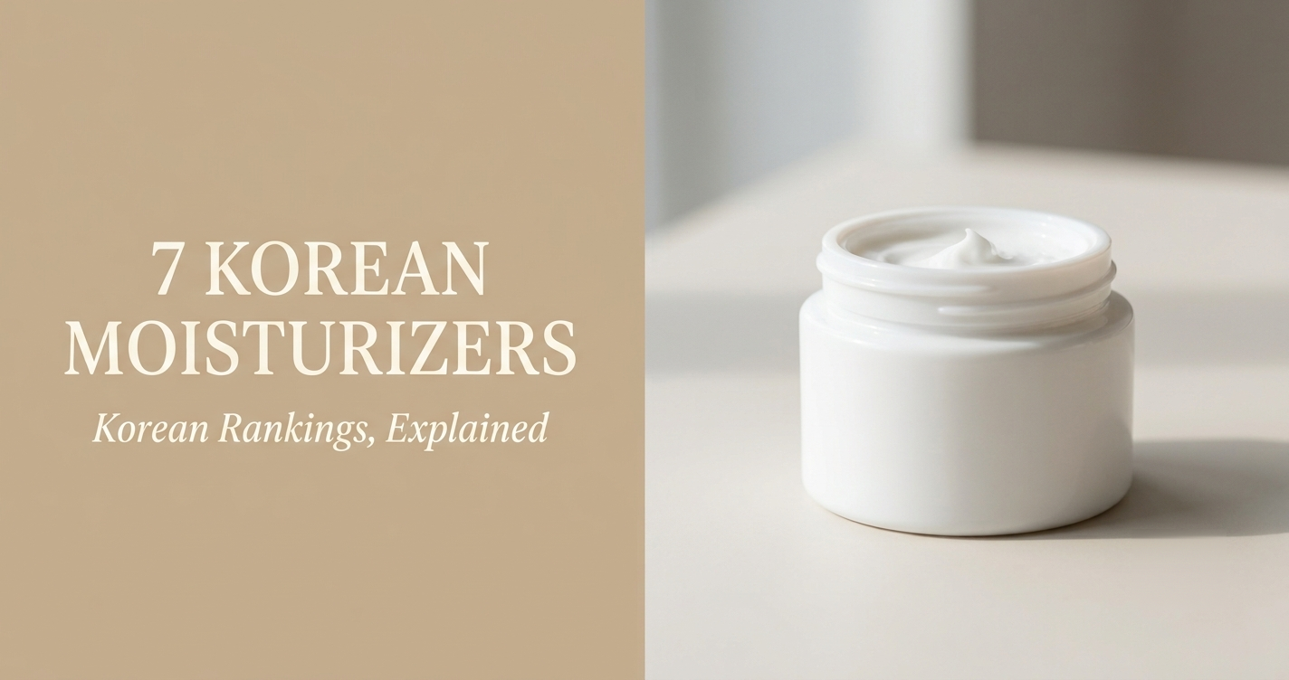 Editorial graphic reading "7 Korean Moisturizers — Korean Rankings, Explained" for a guide to Korean moisturizer rankings and skin types.