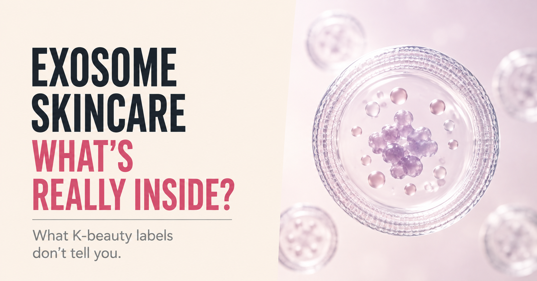 Text graphic reading "Exosome skincare, what's really inside?" beside a translucent exosome-like vesicle illustration on a pale pink scientific background