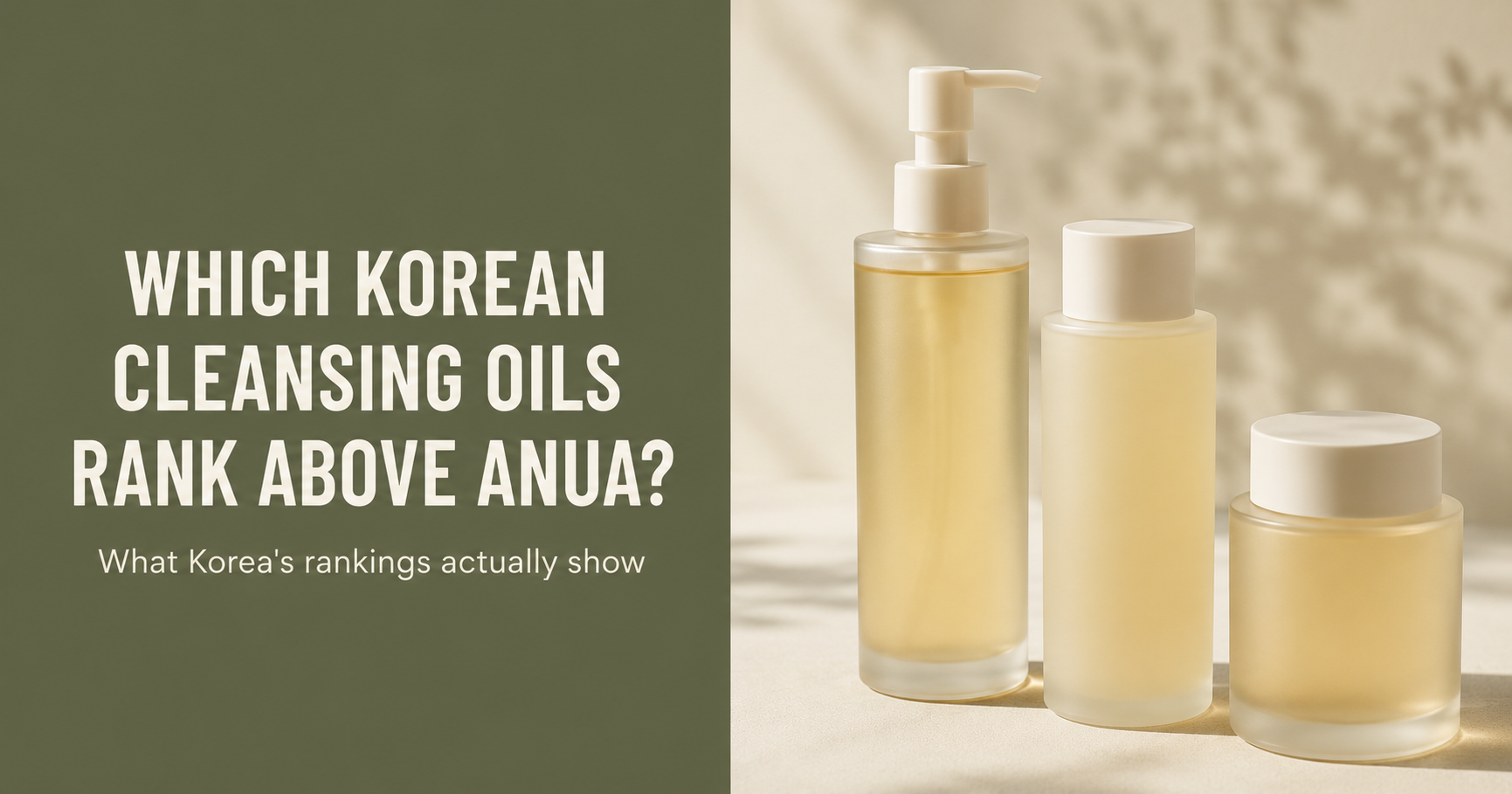 Editorial graphic asking which Korean cleansing oils rank above Anua, beside three unbranded cleansing oil bottles in soft daylight.