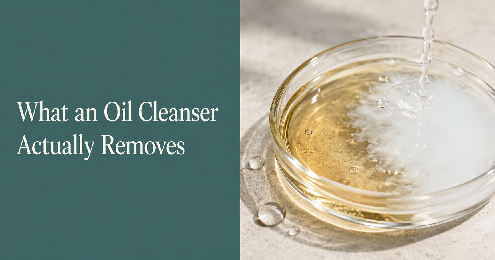 Editorial graphic reading "What an Oil Cleanser Actually Removes" beside an unbranded glass bottle of clear cleansing oil in soft daylight.