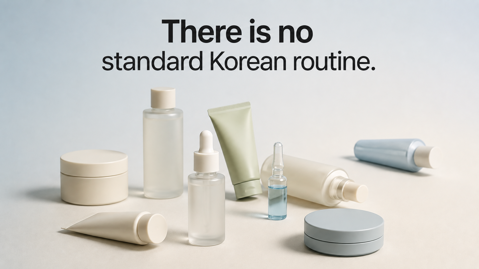 Text graphic reading "There is no standard Korean routine." above a scattered arrangement of unbranded skincare bottles of different shapes and sizes