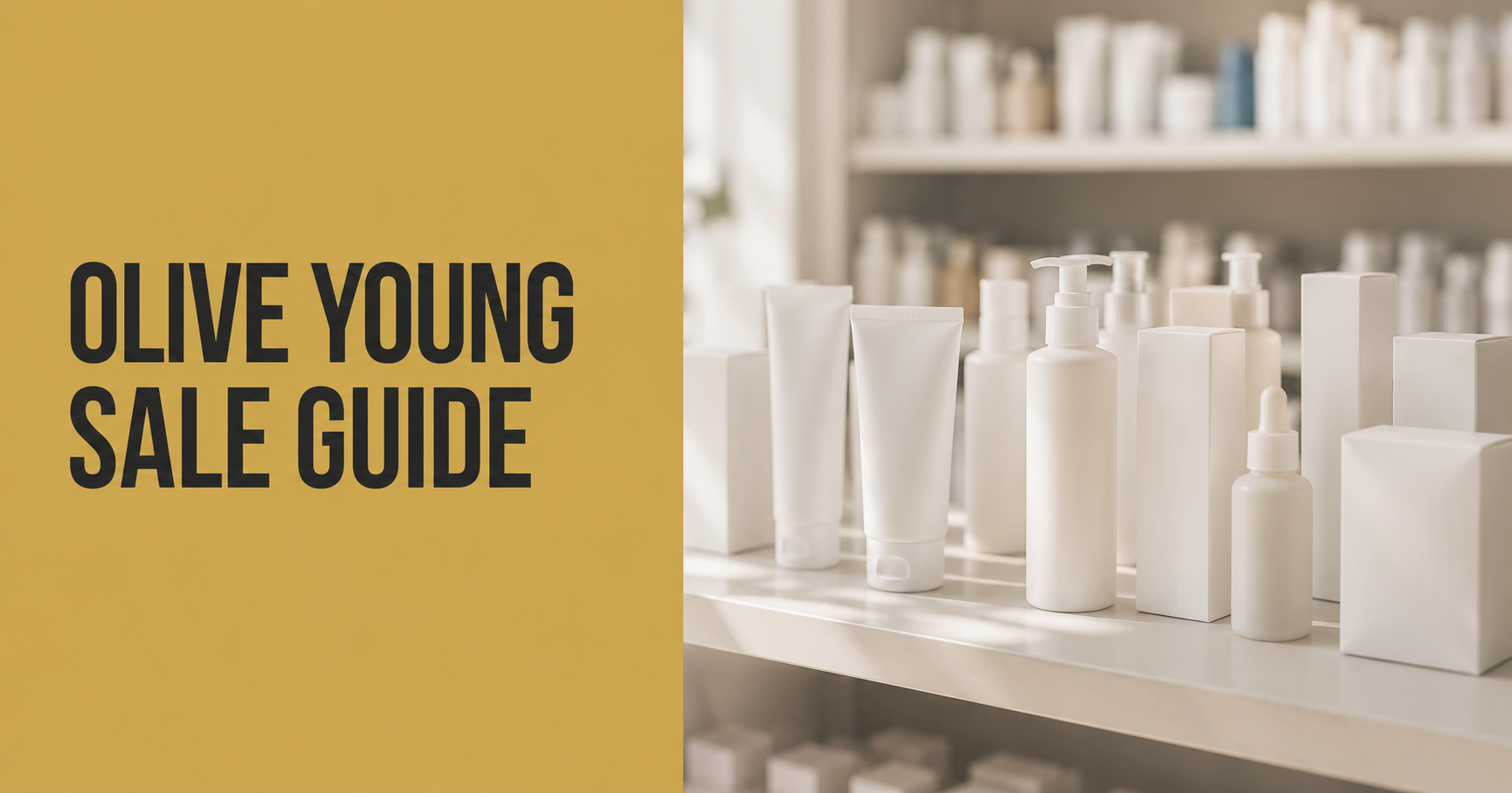 Olive Young Sale Guide title panel beside a blurred shelf of unbranded Korean skincare products