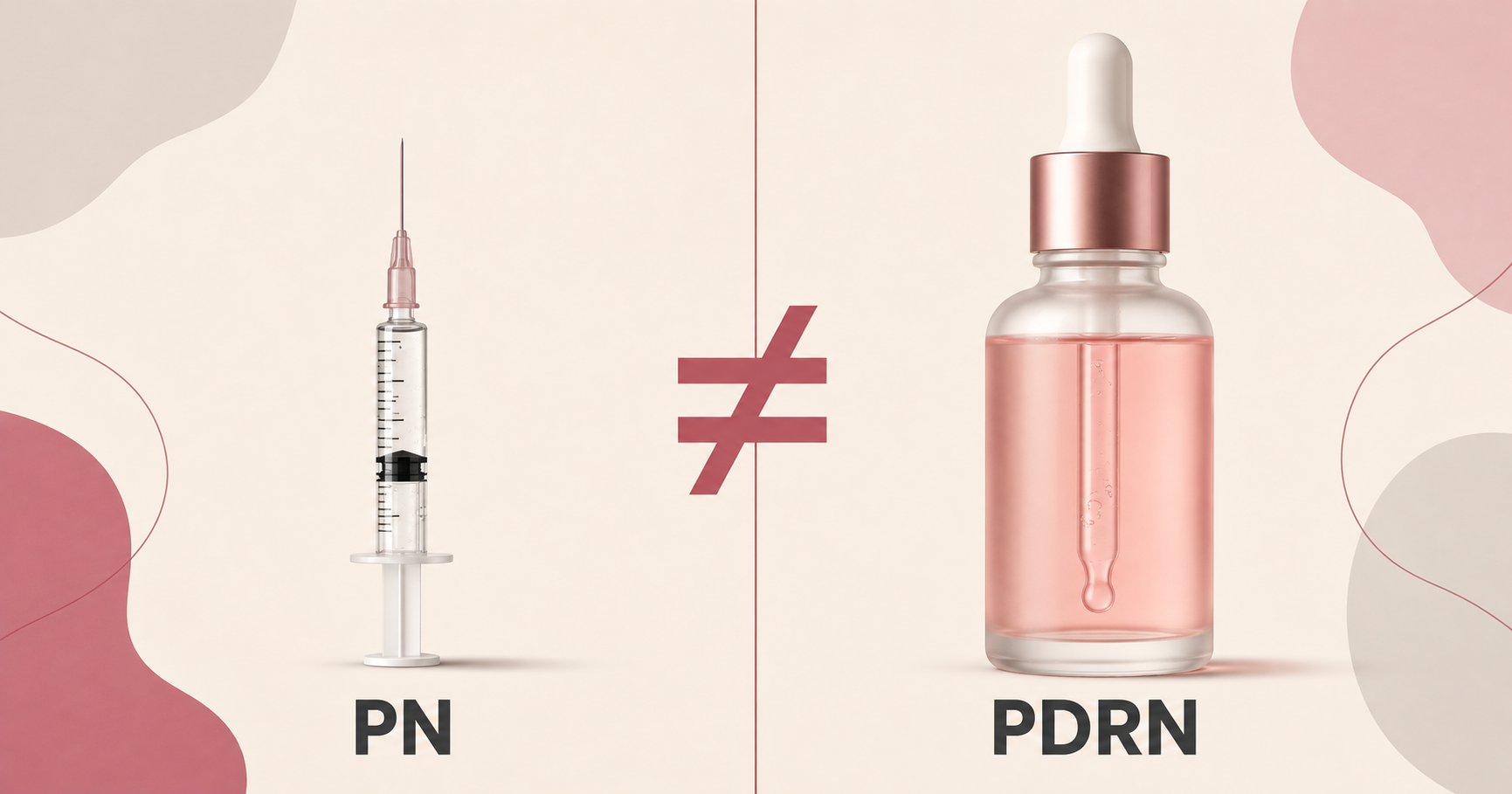 A medical syringe labeled PN beside a skincare dropper bottle labeled PDRN, separated by a not-equal sign
