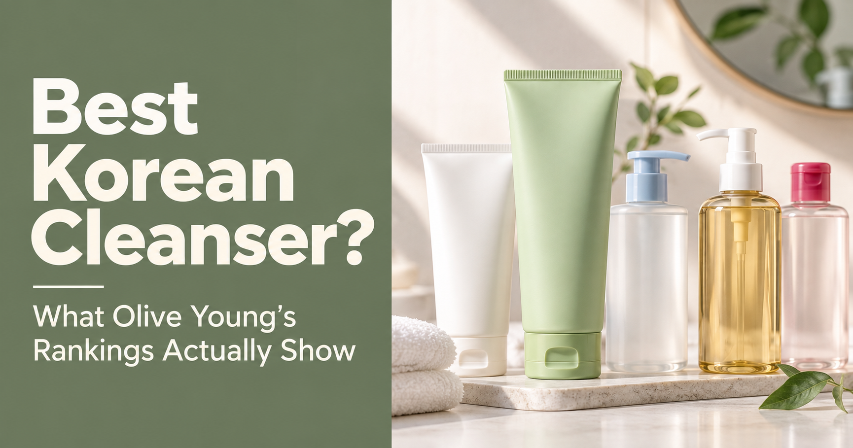 Editorial graphic reading "Best Korean Cleanser? What Olive Young’s Rankings Actually Show" beside unbranded cleansing foam, milk, oil and water bottles.