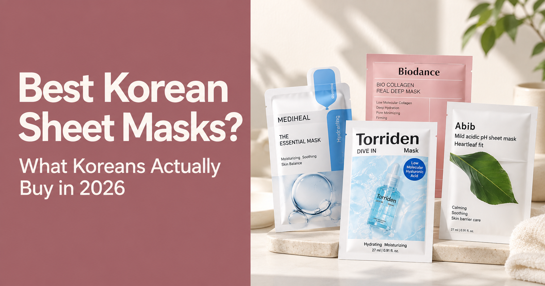 Editorial graphic reading "Best Korean Sheet Masks? What Koreans Actually Buy in 2026" with Korean sheet mask products.