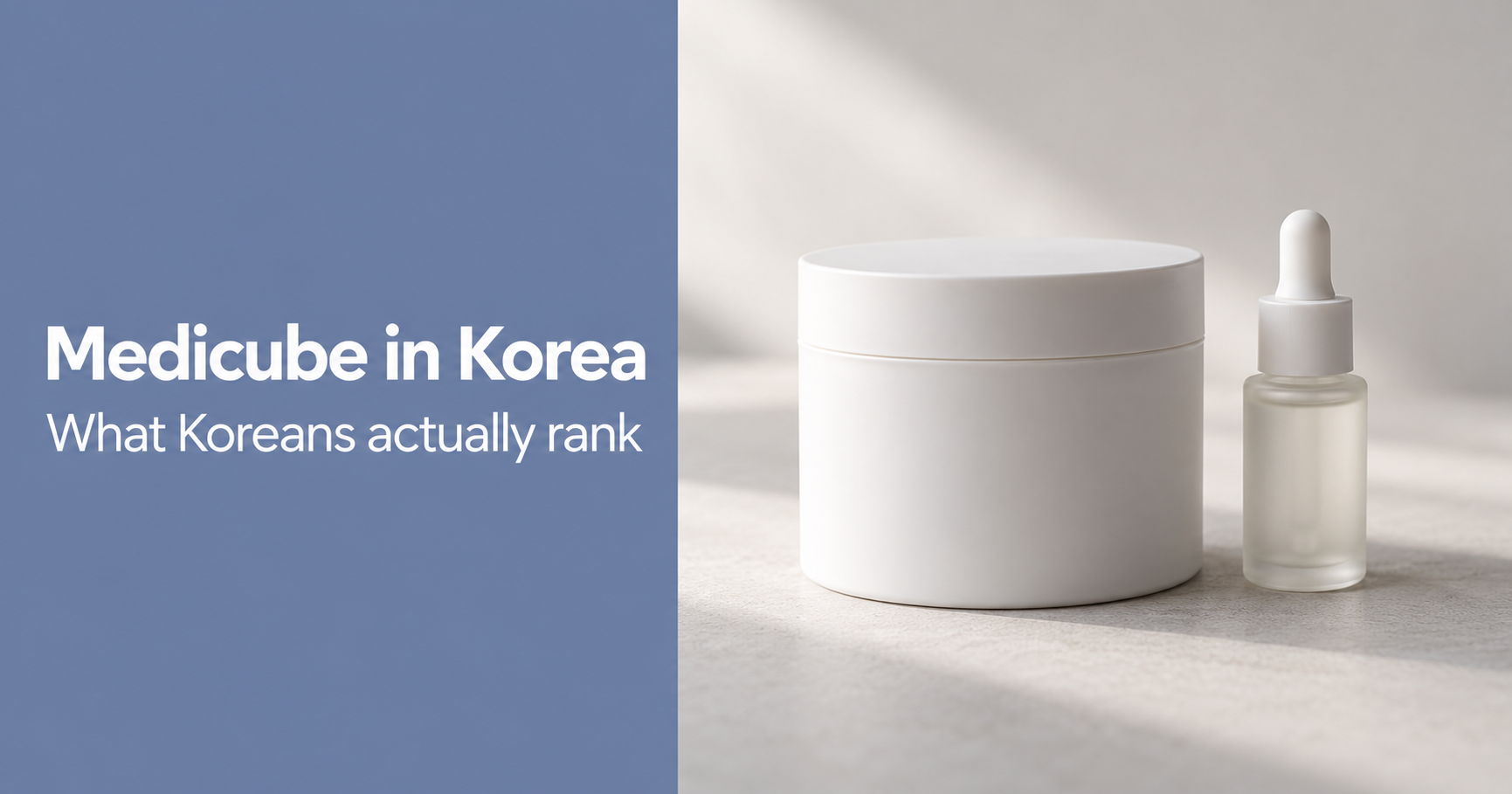 Editorial graphic reading "Medicube in Korea — What Koreans actually rank" beside an unbranded toner pad tub and a smaller unlabeled ampoule bottle.