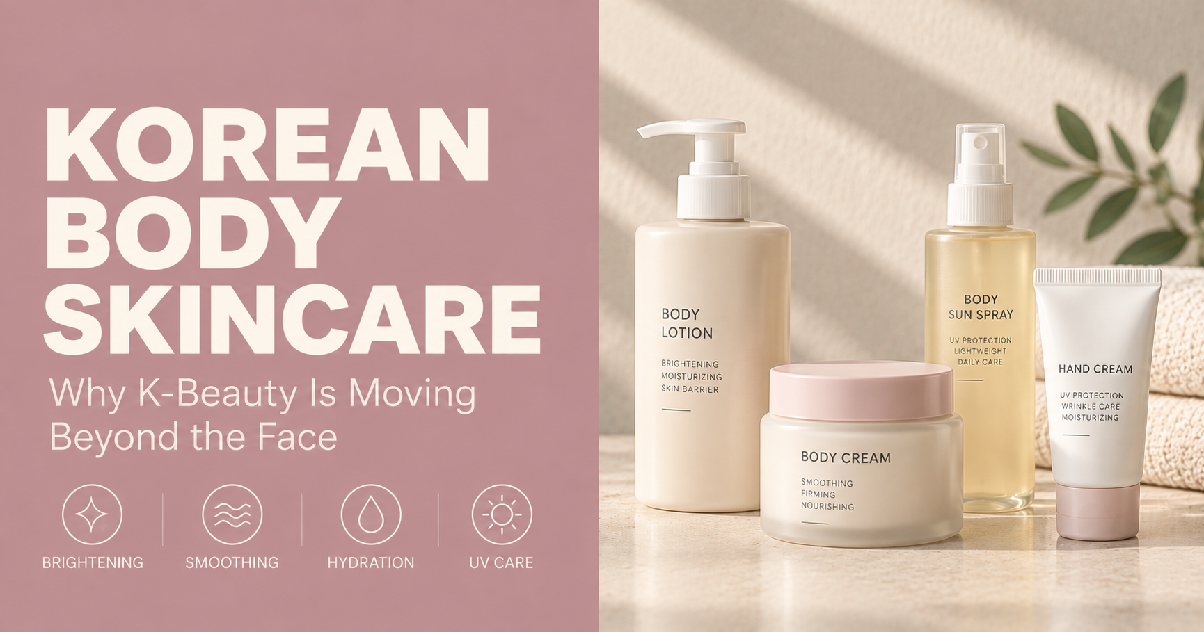 Korean body skincare editorial graphic showing body lotion, cream, sun spray and hand cream for Korea's Skinification trend in 2026