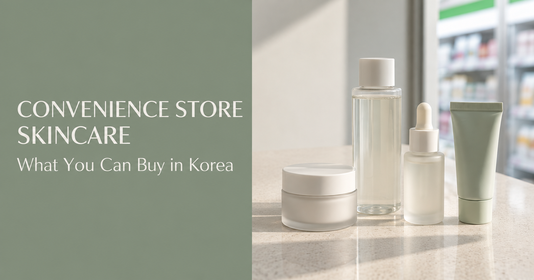 Korean convenience store skincare with unbranded skincare products displayed beside an editorial title panel.