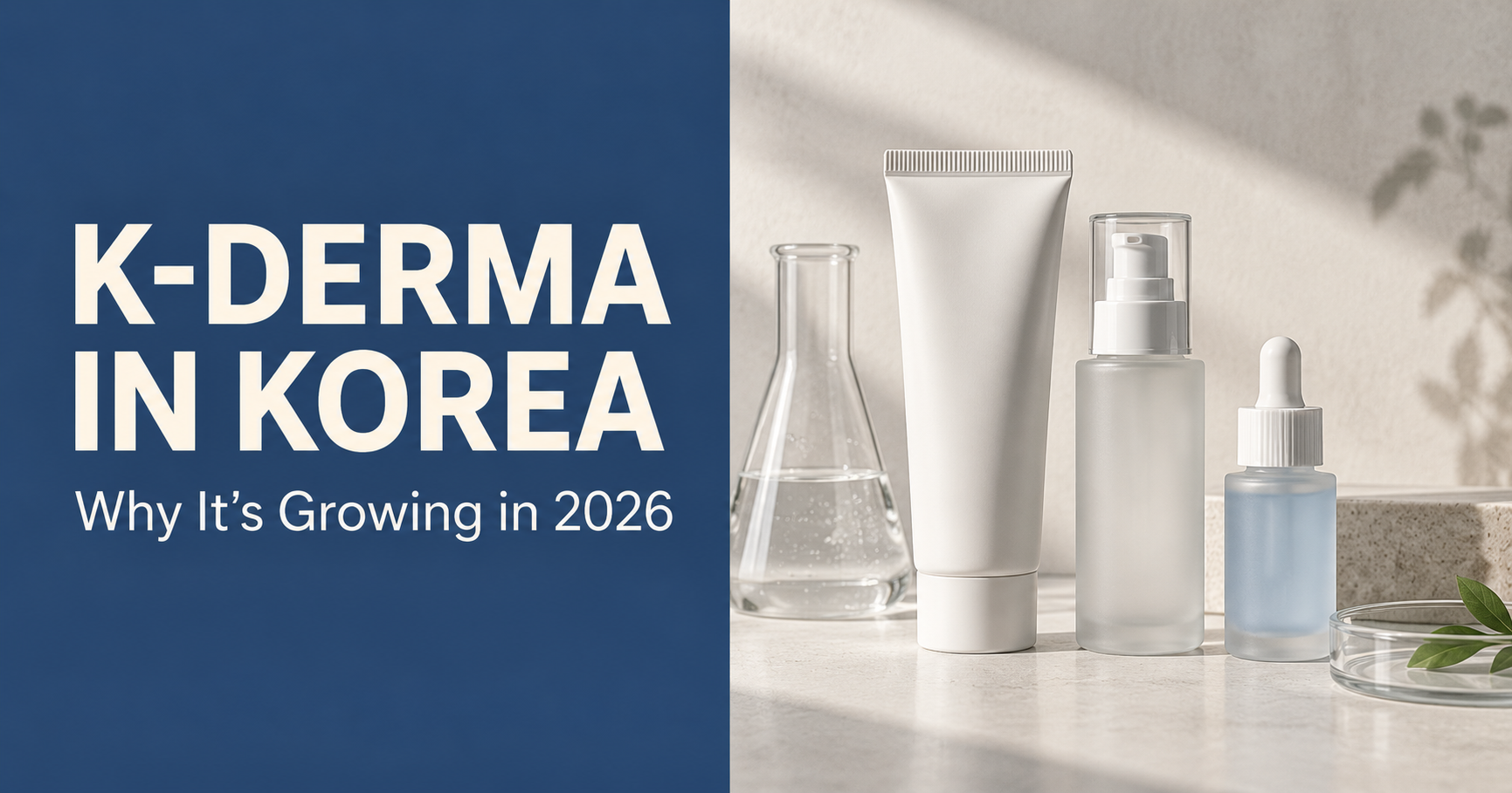 K-Derma in Korea editorial graphic showing unbranded dermocosmetic skincare products for a guide to Korean derma skincare in 2026
