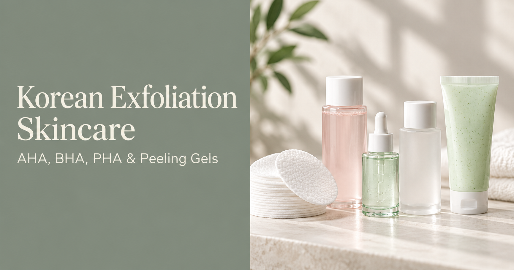 Korean exfoliation skincare with AHA, BHA, PHA, peeling gel and toner pads in a minimalist editorial layout.