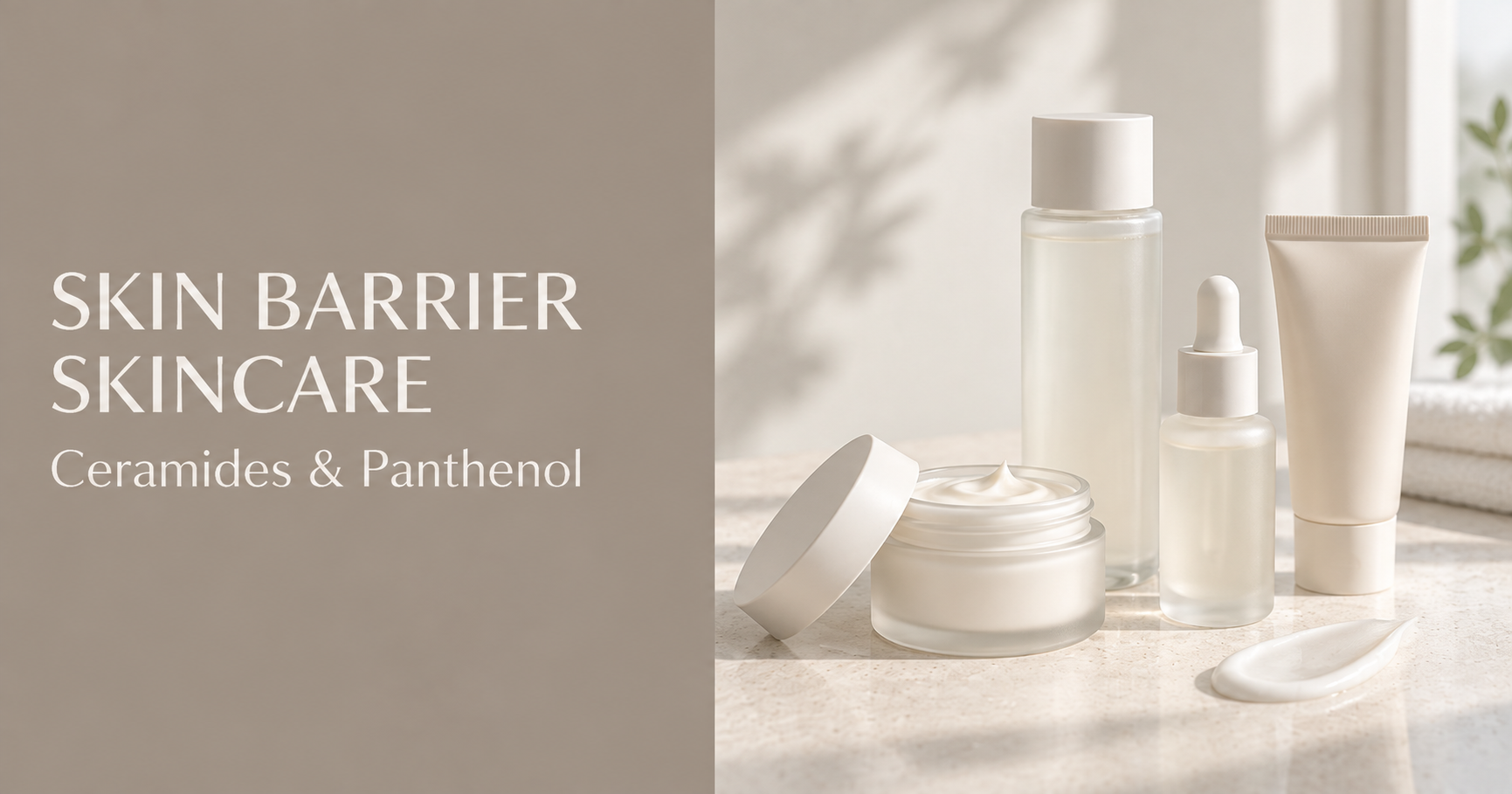 Korean skin barrier skincare with ceramides and panthenol shown in a minimalist editorial skincare thumbnail.