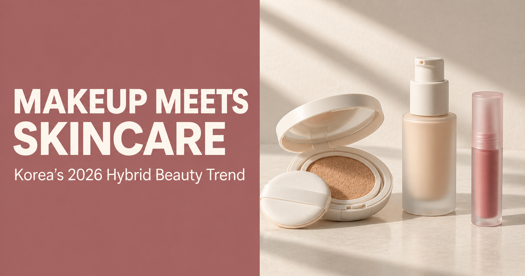 Makeup Meets Skincare editorial graphic with cushion foundation and lip product illustrating Korea's skincaring makeup trend in 2026