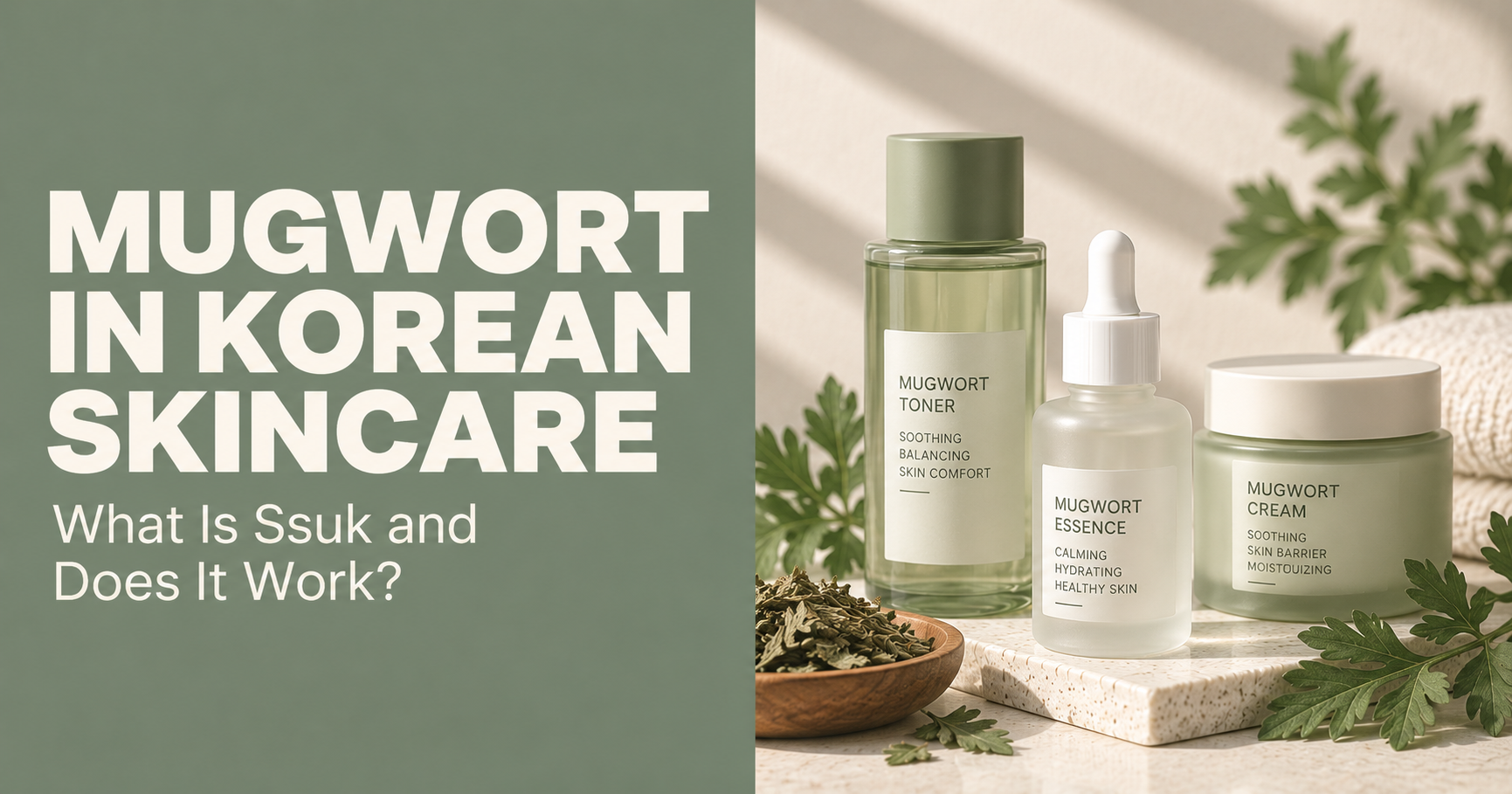 Mugwort in Korean skincare editorial graphic with mugwort toner, essence and cream explaining Korean ssuk skincare