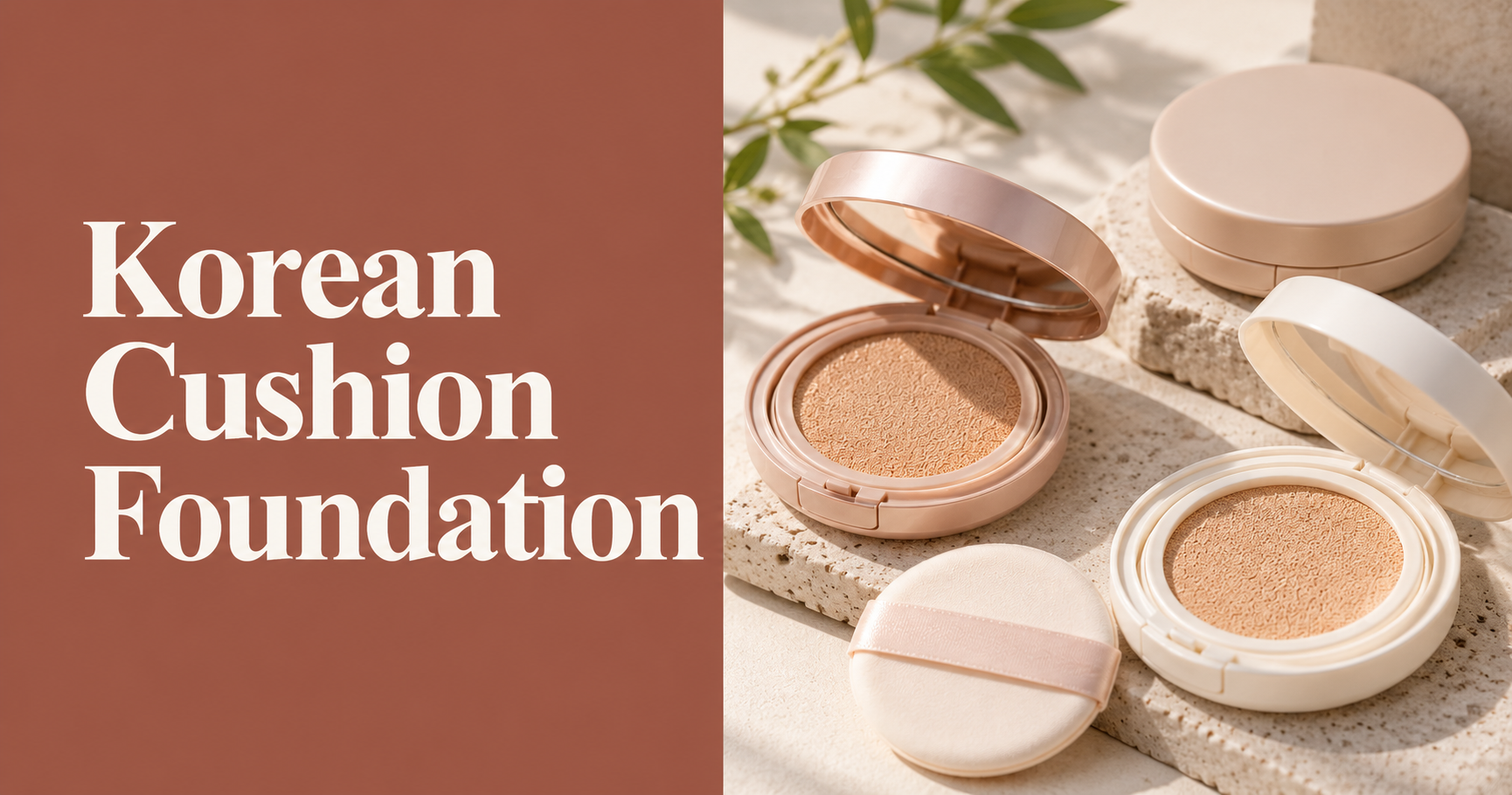Korean cushion foundation compacts with puffs in a clean editorial product layout
