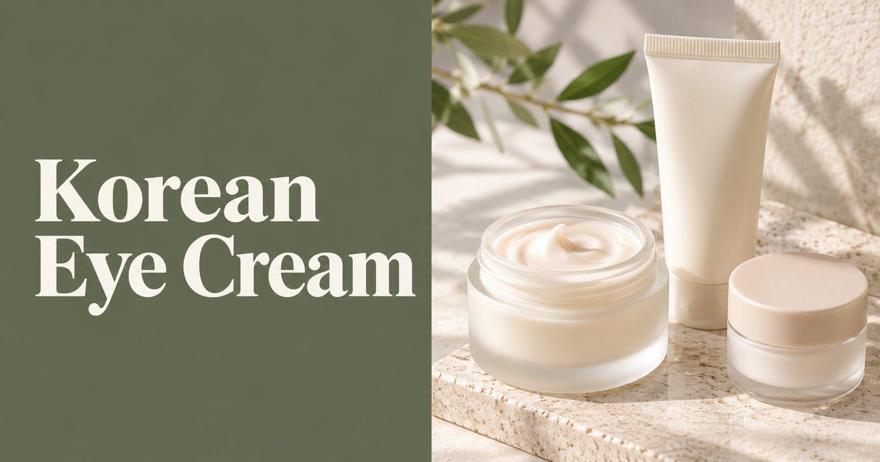 Korean eye cream in unbranded jars and tube styled in a clean editorial skincare setting